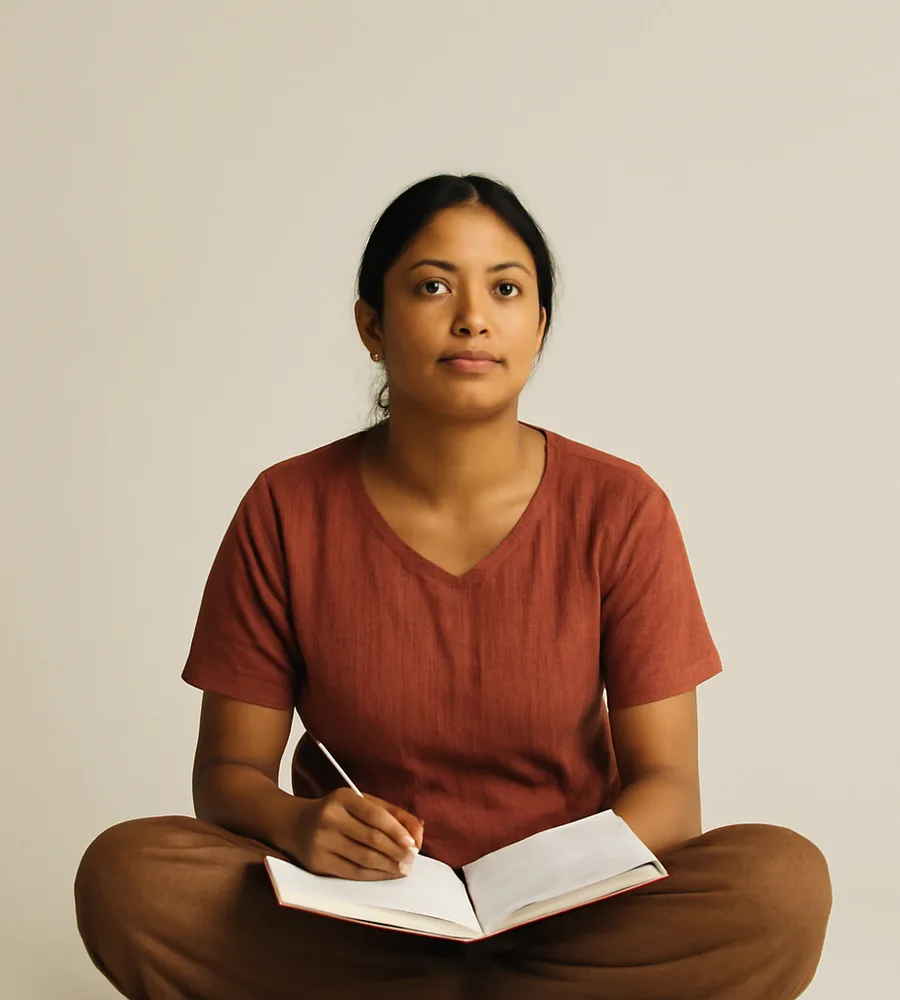 A student sitting with an open notebook, planning her studies abroad